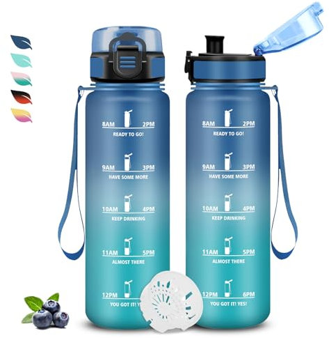 Gourde 1l, Gourde Sport, Gourde Anti-Fuite, Gourde Motivation avec Marqueur de Temps, Gourde Graduée pour 1 Journee, Facile à Nettoyer, Gourde Adulte, Bouteille pour Running, Voyage, École, Sport