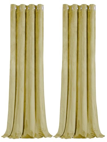 Happy Homewares Dusty Yellow Blackout Curtains - 46 x 54 Inch Drop - Contemporary Eyelet Curtains with Soft Velvet Texture - 2 Panels for Bedroom or Living Room
