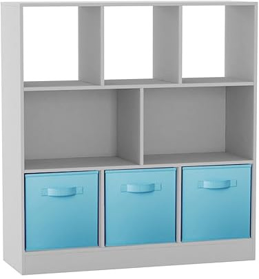 URBNLIVING 8-Cube White Bookcase Shelf Unit – Asymmetrical Storage Organizer with 3 Fabric Drawers for Home or Office - Sky Blue