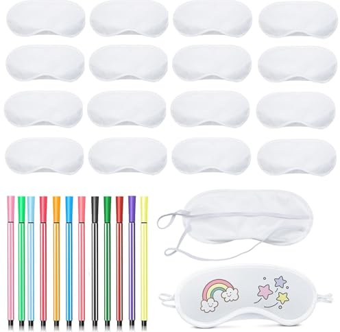 Schlafmaske Kinder, Übernachtungsparty Mädchen, 16 Stück Bemalbare Polyester Schlafmasken Mit 12 Farbstiften, Pyjama Party Deko, 18,5 X 8,5 Cm