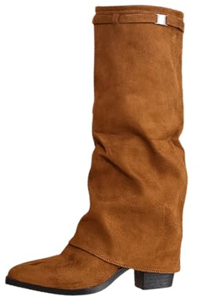 Stivali Donna Invernali Alti in Pelle Scamosciata a Impermeabili con Tacco Basso e Fibbia Stivaletti Gamba Larga Texani Primaverili al Ginocchio Tronchetti Equitazione Caldo Scarpe Eleganti,Marrone