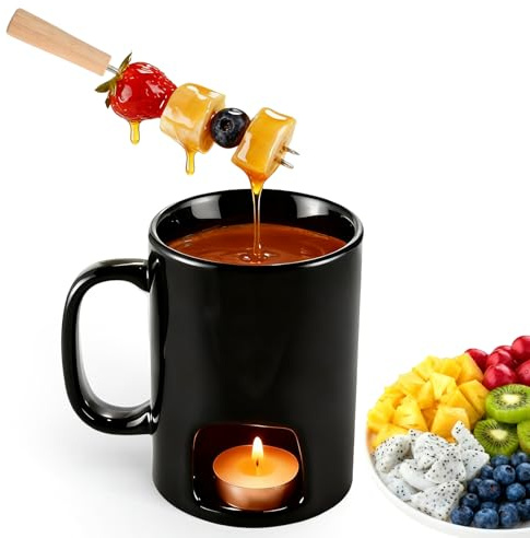 ZRUEWOT Fondue au chocolat en céramique avec bougie chauffe-plat – Tasse à chocolat portable résistante à la chaleur en céramique, chauffe-fromage et beurre, mini casserole à fondue pour chocolat