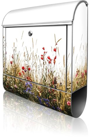 banjado Design Briefkasten 38,5x46,5x13cm & 2 Schlüssel - Briefkasten Stahl Silber mit Zeitungsfach pulverbeschichtet - Postkasten A4 Einwurf inkl. Montagematerial - Motiv Sommerliche Blumenwiese