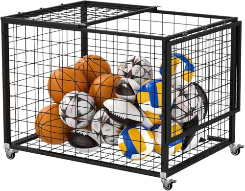 Homelio Rolling Sports Ball Storage Cart with Double Lid, Lockable Ball Rack with Wheels for Gyms, Schools, Clubs, Indoor and Outdoor Basketball Storage