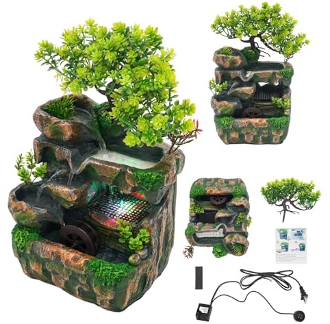 Fontana da tavolo con illuminazione a LED, cascata decorativa in resina resistente, fontana da giardino, tavolo pianta verde, fontana per soggiorno, ufficio, camera da letto