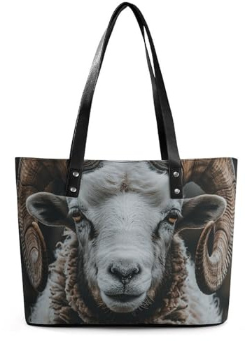 Longhorn Ram Pictures Women Handbag Large PU Leather Tote Bag with Zipper Top Handle Fashion Ladies Shoulder Purses Work Tote Bag External Pocket for Business Office Daily