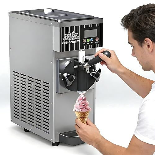 RoyceBee Heladera Mono Sabor de Sobremesa, Máquina Soft Serve 4-5 kg/h, Táctil LCD y Auto-Limpieza, para Bar, Cafetería, Restaurante, Tienda de Postres, Hogar, Chiringuito Metallic