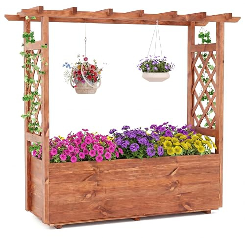 HOMASIS Fioriera da Esterno con 2 Grigliati e Tettuccio, Fioriera con Spalliera da Esterno in Legno, Vasi per Piante da Esterno per Piante Rampicanti da Balcone (Arancione, 115 x 40 x 103 cm)