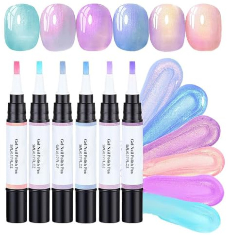 Gel Nail Polish Pens Set, 6PCS Pearl Nail Varnish Pens, Pink Purple Blue | One Step 3-In-1 Nail Art Pens Uv Lamp Required, Pearl Gel Nail Colours For Quick Diy Nail Art