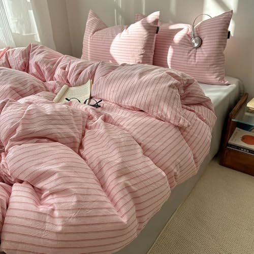 Sedefen Bettwäsche 135x200 Rosa Gestreift Streifen Wendebettwäsche Mädchen | ÖKO-TEX Zertifiziert,Aesthetic Bettwäsche für Allergiker,4 Jahreszeiten Set,Bettbezug 1 Kissenbezüge 80x80 mit Reißverschluss