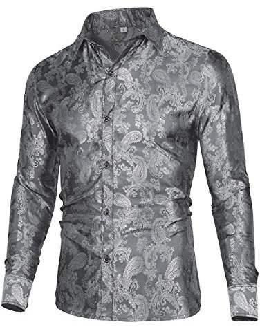 Allthemen Chemise Homme Casual Floral Imprimé à Manches Longues en Jacquard en Soie,Gris,3XL