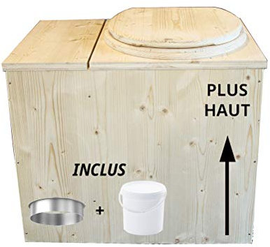 Toilette sèche rehaussée avec bac à copeaux de bois intégré, Livré monté avec seau plastique alimentaire 20L et bavette de protection inox - Fabrication artisanale Française - N6