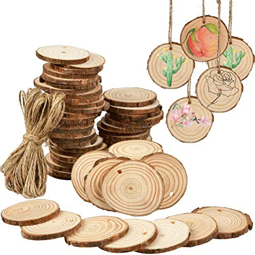 FOCCTS 60 Stück Rund Natur Holzscheiben Holz Log Scheiben mit Baumrinde Unbehandeltes DIY Handwerk Dekoration Holz Tischdeko Hochzeits Weihnachten Baum Anhänger (3-4 cm,4-5 cm,5-6 cm, 0.5cm Dicke)