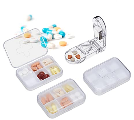 Relaxdays Pillendose 3er Set, 6 Fächer, Tablettenteiler, leicht, handlich, unterwegs, Kunststoff, Reise Pillenbox, weiß