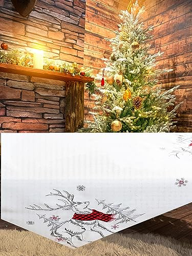 KAMACA Tischdecke Mitteldecke 85x85 cm mit filigraner Stickerei Küche Esstisch Tisch Dekoration Eyecatcher in Herbst Winter Weihnachten (Rentier mit rotem Schal)