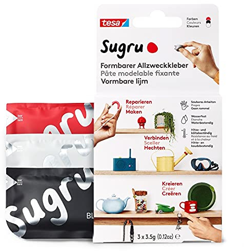 Sugru by tesa - Formbarer Allzweckkleber, 3er-Pack, 3 x 3,5 g, Schwarz, Weiß & Rot - vielseitige Klebeknete - zum Reparieren, Kleben und zum Befestigen ohne Bohren