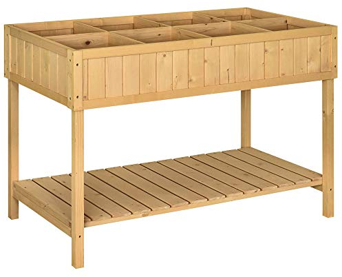 Outsunny Jardinière sur Pieds carré Potager avec étagère dim. 110L x 46l x 76H cm 8 Compartiments & Inserts d'irrigation Bois de Sapin