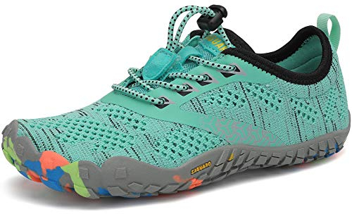 SAGUARO Kinder Barfußschuhe Traillaufschuhe Jungen Mädchen Trainingsschuhe Zehenschuhe Atmungsaktiv rutschfest Walkingschuhe Laufschuhe Schnell Trocknend Badeschuhe, Grün 30 EU