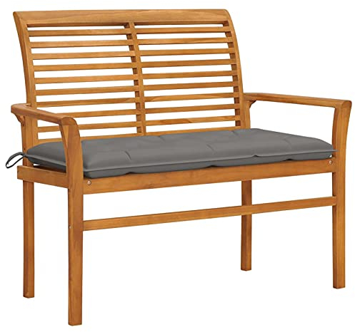 Ksodgun Gartenbank mit Grau Auflage 112 cm Parkbank Sitzbank Friesenbank Gartensessel Massivholz Teak
