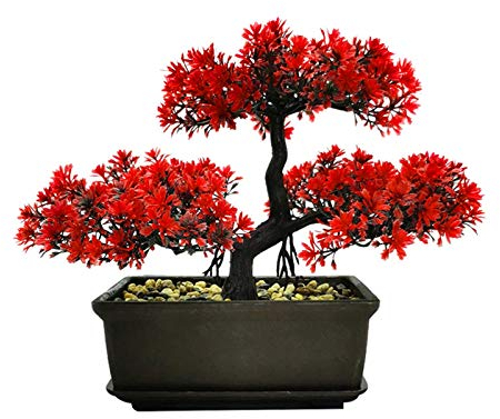 Kunststoff Künstliche Bonsai-Baumdekoration für Eingangsbereich, Schlafzimmer, Ästhetisch und Bauernhaus, Badezimmer, Bücherregal, Zimmer, Schreibtisch, Dekoration 28 x 21,8 cm Rot