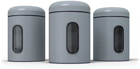 stardis Vorratsdosen 3er Set 0,9 L mit Deckel & Sichtfenster für Lebensmittel, stabiler Vorratsbehälter, Metalldosen für Kaffee, Tee, Cerealien, Kaffeedose, Anti-fingerprint-Beschichtung grau