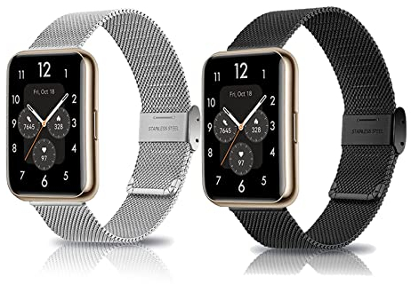 2 Stück Metall Armband Kompatibel mit Huawei Watch Fit 2 Armband Edelstahl Mesh Ersatzband Für Herren Damen Für Huawei Watch Fit 2 (Schwarz+Silber)