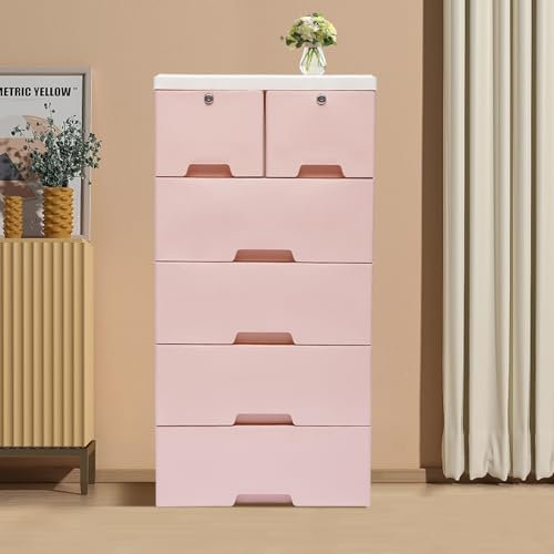 Tour de Rangement en Plastique Rose avec 6 Tiroirs pour la Maison, la Chambre et la Salle de Bain