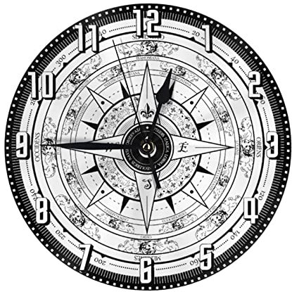 DJNGN Orologio da parete rotondo con motivo rosa dei venti, orologio da parete decorativo silenzioso a batteria da 10 pollici per ufficio, soggiorno, casa