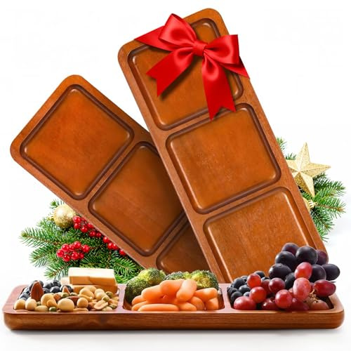 Lorbro Acacia Wood Serving Tray, 14 x 5.5 Wooden Serving Platter, 3 Section Rectangular Wooden Trays for Food, Cheese, Snacks, Fruit, Appetizer, Charcuterie, Home Decor, Set of 3 Pack