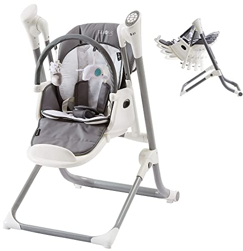 FableKids 2in1 chaise haute transat NOA 6-36mois, pliable, capteur de cran, port USB, 12+2 mélodies, compatible avec l'app Swing Control,tablette amovible, harnais 5 points, mobile avec 2 peluches