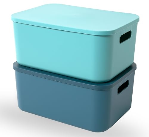 HapiLeap Storage Boxes With Lids, Stackable Plastic Storage Baskets for Shelves Kitchen Bathroom Playroom Classroom Office Nursery, 36 x 26 x16cm, (Medium (Blue+Green))