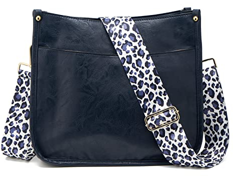 ZOUIQSS Dame Crossbody Taschen Leder Umhängetasche Frauen Hobo Handtasche mit Reißverschluss Schultertasche mit verstellbarem Riemen(Marineblau(5CM) Leopard3)