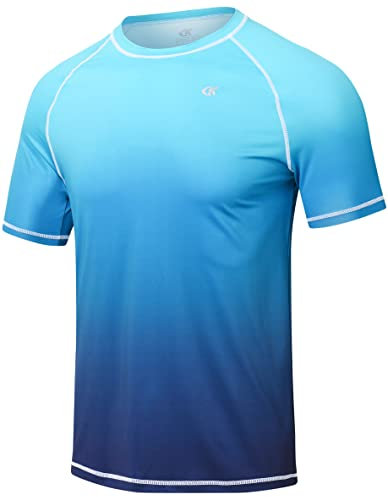 YuKaiChen Men's UPF 50+ Rash Guards Short Sleeve Swim Shirts Quick Drying Sun Protection Rash Vest Gradient Blue L