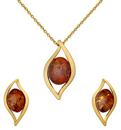 AMBEDORA Damenschmuck-Set Bernsteinflammen, Sterling Silber Vergoldet, Cognacfarbener Baltischer Bernstein, Vergoldet Anhänger auf Kette und Ohrringe