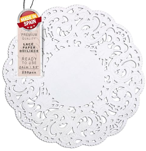 Runde papierdeckchen Weiße 250 Stück 24 cm | Tortenspitze Papier | Tischdekoration für Geburtstagsfeiern und Hochzeiten | Spitze Partydekoration, Tortenzubehör | Spitzendeckchen Papier