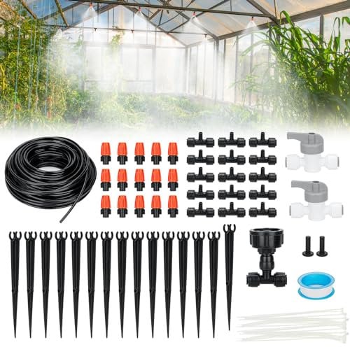 240FT Drip Irrigation System Kit, Yomile Automatic Garden Watering Misting System with 1/2 inch Hose 1/4 inch Distribution Tubing Drip Emitters Drip Spray 2 in 1 Nozzle for Greenhouse, Yard, Lawn…