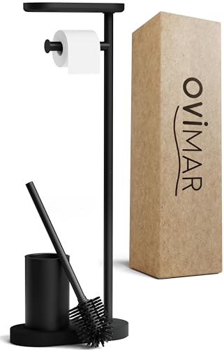 ovimar Juego de Inodoro de pie 3 en 1 Tysnes en Negro | Juego de escobilla de Inodoro con Cabezal de Silicona, portarrollos de Papel higiénico y Soporte para Smartphone | de Acero Inoxidable