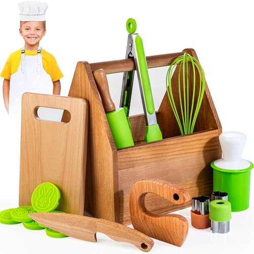 WOODMAM Kinderküche Zubehör,Holzspielzeug Montessori mit Kochmütze, Schürze, Kindersicherheitsmesser, Formen usw, Kinder imitieren Spielzeug Küchenanzug Weihnachten Geschenk für Kinder ab 3 Jahren