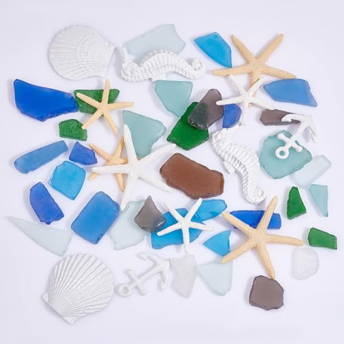 AHANDMAKER Muscheldekorationen Mit Seeglas Zum Basteln, 8 Stile, Nautische Kunsthandwerke, Muscheln, Milchglas-Mosaikfliesen, Nautisches Tafelaufsatz Für DIY-Kunsthandwerk, Vasenfüller