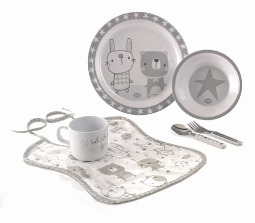 Jané Set Vajilla, Apto Microondas y Lavavajillas, Melamina, Incluye Babero, Plato, Bol, Cuchara, Tenedor, Taza.