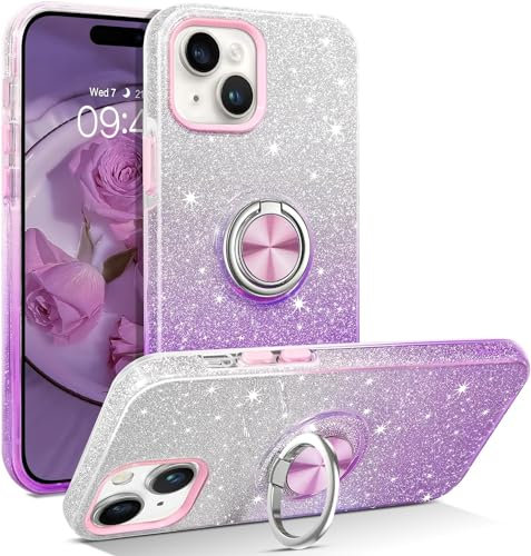 MOBISTAR® Bling Glitter Case for iPhone 15-6.1’’ - Sparkly Slim with 360° Ring Holder Shockproof Kickstand Support Magnetic Car Mount Protective Cover For Girls Women (Purple)