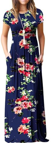 GRECERELLE Womens Maxi Dress Summer Casual Ladies Short Sleeve Crew Neck Long Dresses with Pocket for Daily, Holiday, Travel, Maternity (Pink Rose Navy, XL)