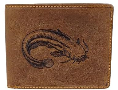 Green Deed - Geldbörse Herren - Geschenk für Naturliebhaber, Angler, Jäger - Geldbeutel Herren - Portemonnaie aus Leder, Braun - Männer Geschenke - mit Motiv Fisch Wels
