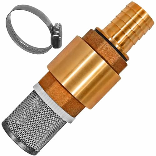 MegaHaustechnik Fußventil Set Rückschlagventil aus Messing, Schlauchtülle mit 19mm Außendurchmesser für 3/4 Zoll Saugschlauch, Schlauchschelle und Filterkorb aus Edelstahl, Saugfilter für Pumpe