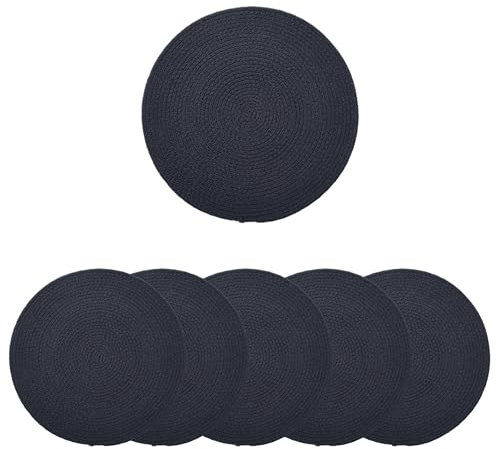 Encasa XO Tovagliette da Tavola Set di 6 | Tovagliette Rotonde in Cotone - Diametro 33 cm | Blu scuro | Stile a Coste Fatto a Mano