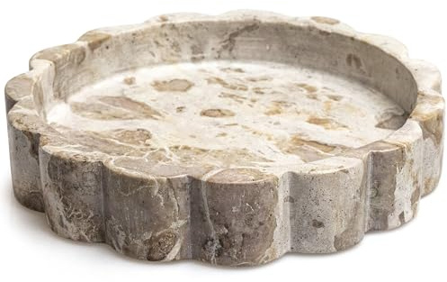 Beige Scalloped Marble Tray - 8 Inch Round Stone Vanity Tray for Perfume & Jewelry, Marble Dish for Bathroom Countertop & Kitchen Counter, Decorative Tray for Bathroom & Kitchen, Modern Catchall