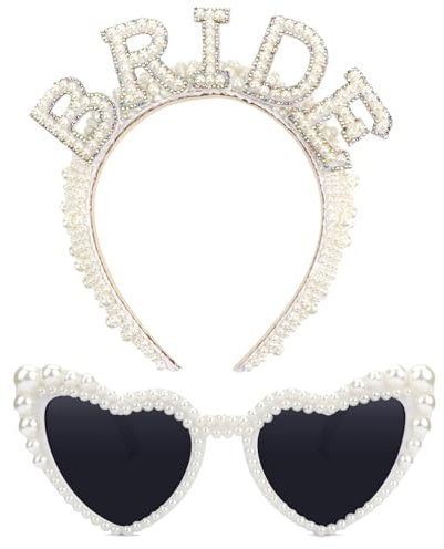 Bride Hochzeitszubehör-Set, Bride to Be, Bride Perlen Haarreif Bride Haarreif Herz Sonnenbrille Herzbrille, Junggesellenabschied Frauen, Bride to Be Accessoires Braut Bachelorette Party Deko