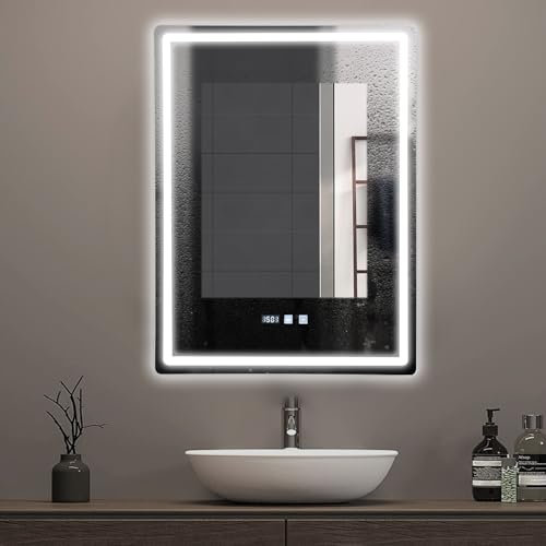 Fliuyr Espejo de Baño LED 60 x 80 cm, IP54, con Luz Regulable, Anti-Niebla, Display de Temperatura y Hora, Memoria de Ajustes Favoritos