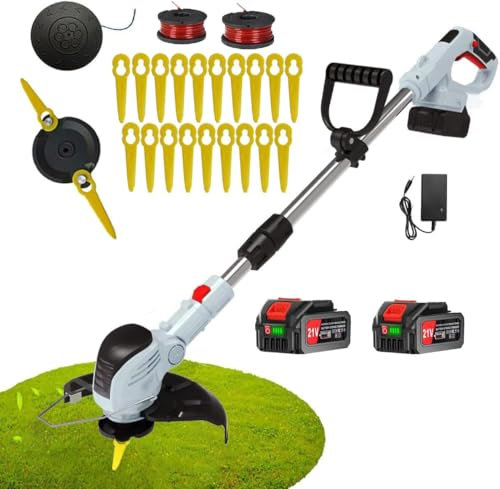 Strimmer Cordless, Battery Strimmer Electric-Powered Cordless Garden Strimmer, 21V(2 x 4.0A battery and fast charger) 22cm Cutting Width, Grass Strimmer Retractable, Suitable for Garden Lawn