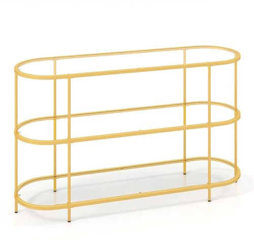 GIANTEX Table console en verre trempé avec structure métallique, étagère à 3 niveaux pour TV jusqu'à 65 pouces, 140 x 41 x 82 cm, table d'entrée pour salon et chambre